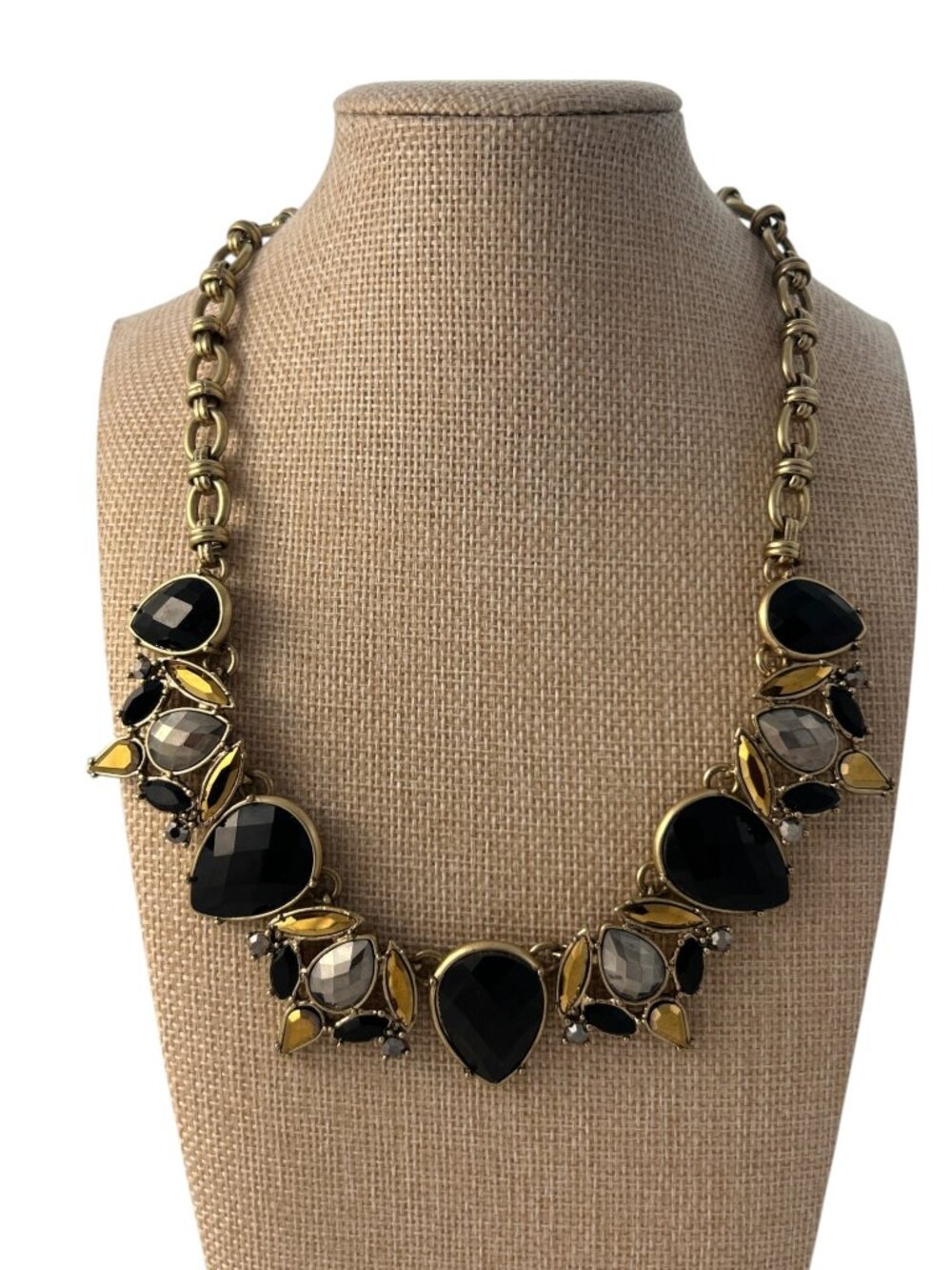 Bella Jack Black Gray Faceted Crystal Statement Necklace Gold Tone Bib